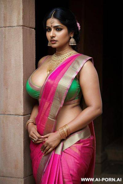 Indian woman, skimpy, busty, sexy sari, pink sari, street, public, big cleavage, fat, thick - ai-porn.ai - India on pornsimulated.com