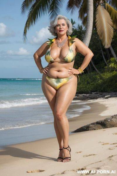 Classy mature older woman with very tanned toned body, outside on a sunset beach, white pixie hair, naked, ankle bracelet, anklet, hip chain, toe ring, nipple ring, necklace, blue eyes, very large nipples, oiled skin - ai-porn.ai on pornsimulated.com