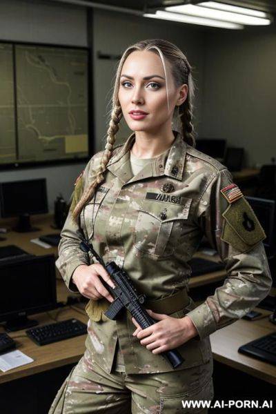 She wearing military uniform, her big boobs visible, sexy female-soldier, she looks around by attion - ai-porn.ai on pornsimulated.com