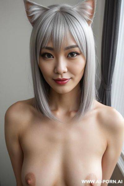 Selfie, doe eyes, pretty face, perfect pretty, a peerless pretty, cosplay, (hair length:1), bangs, silver hair color, silver cat ear, proud face, naked, ((large nipples)), (erect nipples), room - ai-porn.ai on pornsimulated.com