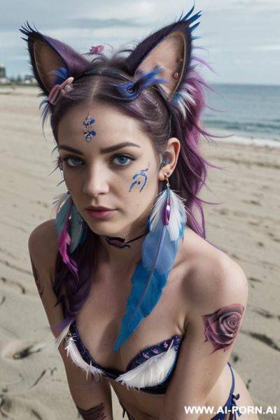 Face, ((sexy)), beautiful, ((blueberry burst hair)), ((face painting)), ((bikini as seashell)), ((tattoo roses)), ((eyes shw)), ((angel wings)), ((rainbow hair)), ((one rose in hair) ((long bu hair)), - ai-porn.ai on pornsimulated.com