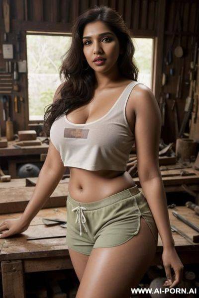 Bhumi pednekar in a wood workshop, leaning on the workbench, wearing skimpy booty shorts and over sized sleeveless basketball tshirt, tattoo on the hands and chest, - ai-porn.ai on pornsimulated.com