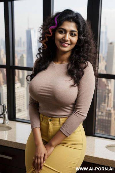 (colorful crew neck shirt), (((busty))), standing in a fancy luxurious sky rise penthouse in manhattan, bathroom, large windows, photorealistic, dark complexion, (ultra detailed photo), (hyper realistic photo) - ai-porn.ai on pornsimulated.com