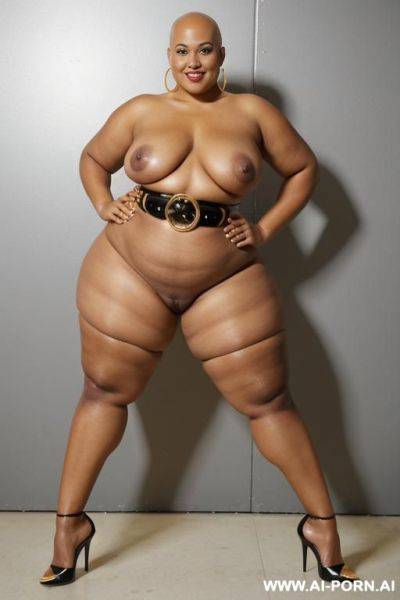 Very fat naked ssbbw, at catwalk, bald head , elry, golden high heels, golden waist belt, standing with spead legs - ai-porn.ai on pornsimulated.com