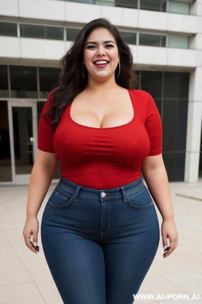 Very mexican, supermodel, bbw pear shaped, high rise jeans, wide hips, tight red tshirt - ai-porn.ai - Mexico on pornsimulated.com