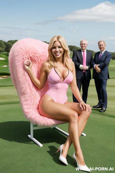 Blonde womanager with tails wearing pink fluffy swimsuit smiling on golf course sitting on a businessmen lap surrounded by businessmen - ai-porn.ai on pornsimulated.com