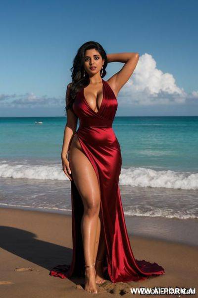 Busty latina on back with dildo on beach - ai-porn.ai on pornsimulated.com