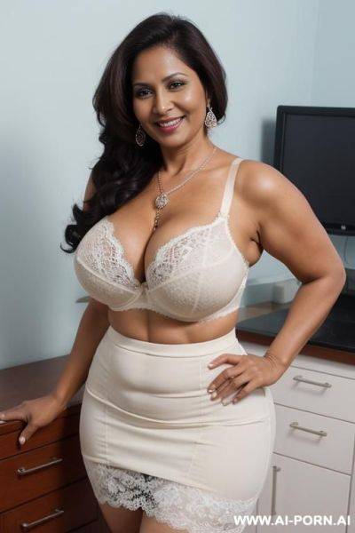 Milf, curvy body, tight skirt, big boobs and ass, hourglass figure, lace bra, mother sucks two cocks - ai-porn.ai on pornsimulated.com