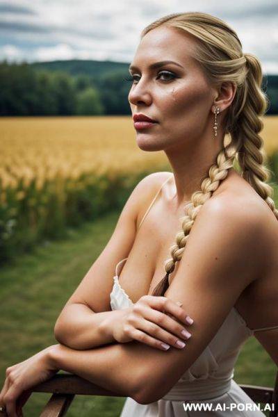 Farmer womans, she is absolutely nude, she kneeled on different sex poses, flash pussy . she is on the middle of the village field - ai-porn.ai on pornsimulated.com