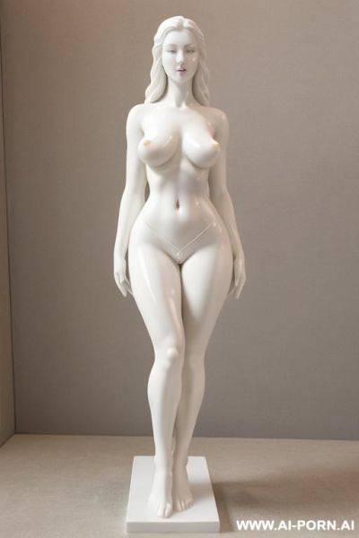 Porcelain white nude statue, very fit hourglass wide figure (only lower half of statue is captured on the photo- from navel to knees zoom), nude fit waist, wide hips, wide inner gap between legs zoom - ai-porn.ai on pornsimulated.com