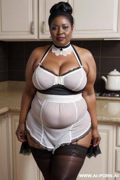 Obese matured very old black gilf, very fat, very large hips, very plump, extra thicc, wrinkles, wrinkled skin, aging marks, hair bun, french maid outfit, french maid, maid, soubrette, extremely gigantic boobs, choker, perfect eyes, kitchen, waist shot - ai-porn.ai - France on pornsimulated.com