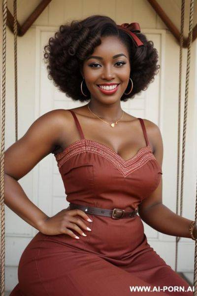 Beautiful african woman, early 20s, smiling, cocoa skin, wide hips, soft thighs, large heavy breasts, heart-shaped face, natural beauty, almond brown eyes with soft lashes, delicate nose, hair in - ai-porn.ai on pornsimulated.com