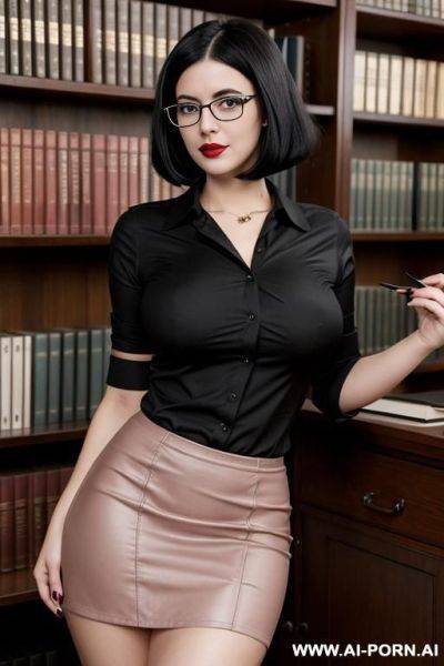 Cutie babe face, busty, dark hair, 10s style. vintage blouse. short skirt. thick, shorty, nerdy, nerd, glasses, short bob hairstyle. dark black bob, thick black glasses, rosebud painted lips, pink hairpin. caucasian. of average beauty. 155 cm. - ai-porn.ai on pornsimulated.com