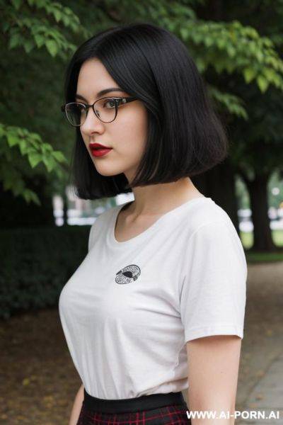Babe face. s style. vintage graphic t-shirt. long plaid skirt. nerdy. nerd. thick rimmed glasses. short bob hairstyle. dark hair. shorty. rosebud painted thick lips. hairpin. caucasian. average beauty. mid-beauty. round-faced. thick . - ai-porn.ai on pornsimulated.com