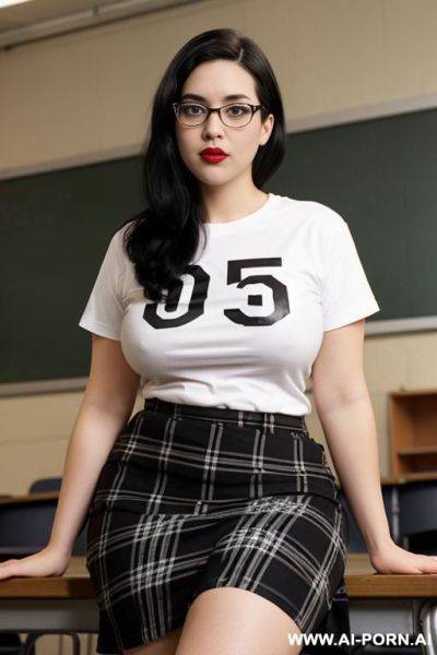 Babe face. 10s style. vintage graphic t-shirt. long plaid skirt. nerdy. nerd. thick rimmed glasses. short bob hairstyle. dark hair. shorty. rosebud painted thick lips. hairpin. caucasian. average beauty. mid-beauty. round-faced. curvy. - ai-porn.ai on pornsimulated.com