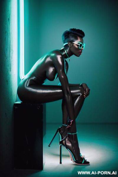 ((naked sexual supermodel)), ((turquoise color theme)) , ((very long saggy boobs)), ((shiny oiled dark black skin)), ((magazine naked photoshoot)), ((neonlighting sunglasses and highheels highlight shiny neon)) - ai-porn.ai on pornsimulated.com