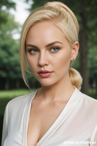 Cutie babe face. round-faced. curvy. white blouse over a black dress. short blonde hair. thick lips. - ai-porn.ai on pornsimulated.com