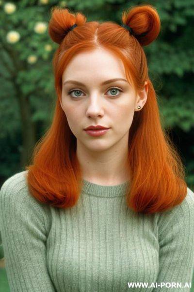 Cutie babe face. shorty height. ginger tails. two tails left and right. light sweater, black jeans. not very beautiful but pretty. average level of beauty. 1990s style. - ai-porn.ai on pornsimulated.com