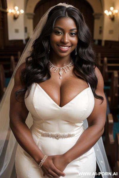 Medium shot, high quality face, ((((massive breasts)))), ((thick arm muscles)), dark skinned, 20 year old, wearing a bridal gown, smiling, hourglass body, ((very long wavy hair)), standing in a wedding chapel - ai-porn.ai on pornsimulated.com