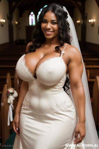 Medium shot, high quality face, ((((massive breasts)))), ((thick arm muscles)), light skinned, 20 year old, wearing a bridal gown, smiling, hourglass body, ((very long wavy hair)), standing in a wedding chapel - ai-porn.ai on pornsimulated.com