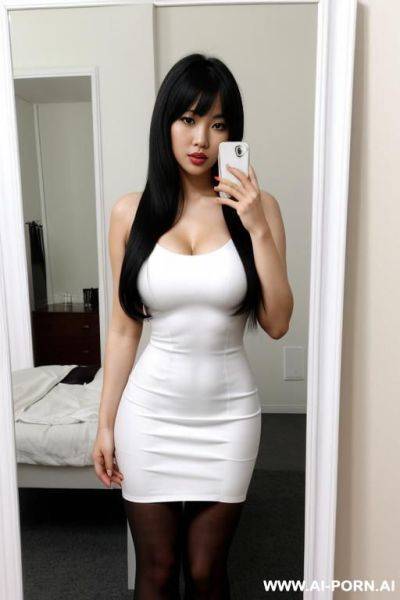 1 asian woman; short dress; white dress; white high heels; bedroom; big tits; perfect body; horny fase; full body picture; selfie in mirror; standing in front of the mirror; black hair; long hair; white tights - ai-porn.ai on pornsimulated.com