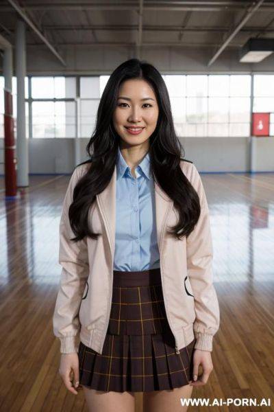 Pretty, japanese, 30, flowing wavy hair, dark brown hair, slight smile, makeup, eye shw, standing, spreading legs, walled garden background, ((totally naked)), ((completely naked)), (very hairy pussy), - ai-porn.ai - Japan on pornsimulated.com