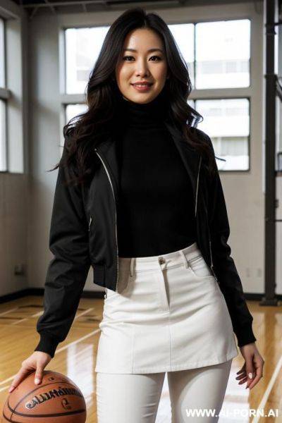 Pretty, japanese, 30, flowing wavy hair, dark brown hair, slight smile, makeup, eye shw, standing, spreading legs, jeans, turtleneck, walled garden background. - ai-porn.ai - Japan on pornsimulated.com