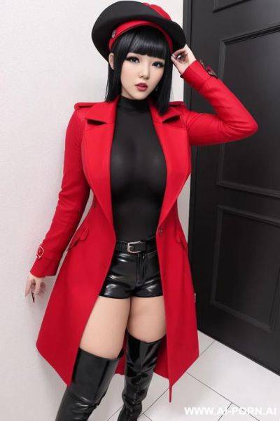 One woman dressed in a red overcoat with a dark shirt and dark pant with black boots. she has short black hair covering her ears and a black cap. big boobs, big ass, curvy, serious, japanese - ai-porn.ai - Japan on pornsimulated.com