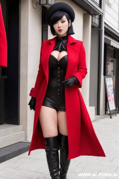 One woman dressed in a open red overcoat with a dark shirt and dark pant with black boots. she has short black hair covering her ears and a black beret. big boobs, big ass, curvy, serious, japanese, square bob haircut, twenty years old - ai-porn.ai - Japan on pornsimulated.com