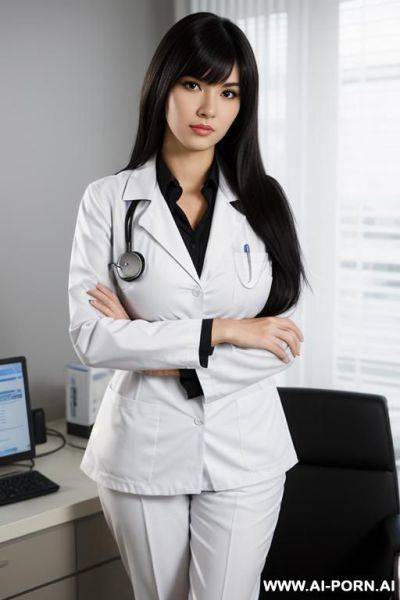 One woman, 20 years old, mid-length black hair, black eyes, svelte, big saggy boobs, wispy bangs, hospital, - ai-porn.ai on pornsimulated.com