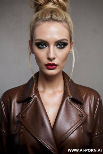 Leather coat, beautiful, model, makeup - ai-porn.ai on pornsimulated.com