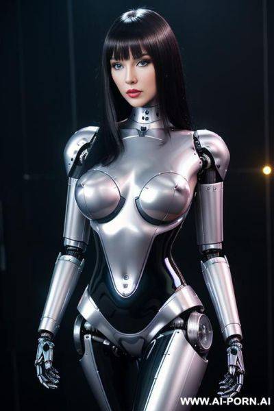 (robot total artificial robot body woman) with long black hair and black glossy gold metall threads, glowing blue robotic eyes, and a light natural pink complexion. her body is entirely - ai-porn.ai on pornsimulated.com