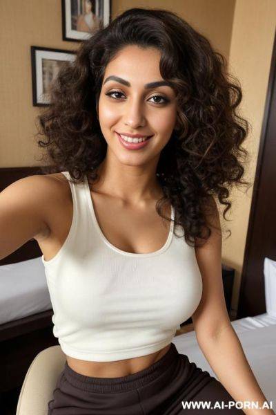 White sleeveless crew neck shirt, joggers pants, (gorgeous), beautiful eyes, (big full lips), big nose, (beautiful), (lean) (photorealistic) (tanned dark egyptian ), (ultra detailed photo), (hyper realistic photo), (busty) - ai-porn.ai - Egypt on pornsimulated.com