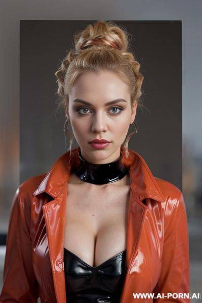 Red latex coat, beautiful, fashion model, bimbo, makeup - ai-porn.ai on pornsimulated.com