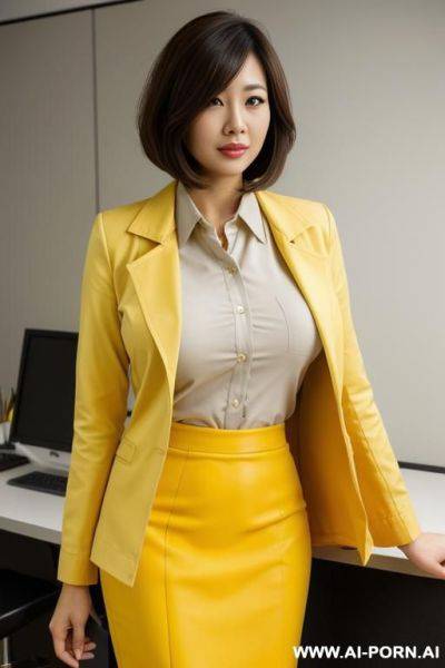 Doctor coat, yellow office shirt, pencil skirt, medium length bobcut - ai-porn.ai on pornsimulated.com