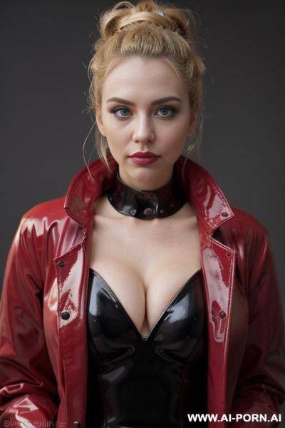 Red latex coat, beautiful, model, makeup - ai-porn.ai on pornsimulated.com