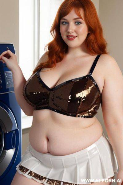 Half-length photo, ((half body photo shot close up)). as a set in the laundry area, a (((obese))) fat chubby fat thick and bbw redhead british, ((she is washing clothes)). she has some - ai-porn.ai - Britain on pornsimulated.com