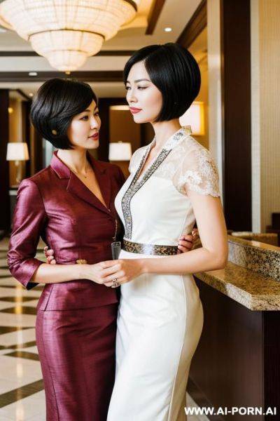 2 women standing in an hotel lobby, one african woman, one korean woman - ai-porn.ai - North Korea on pornsimulated.com