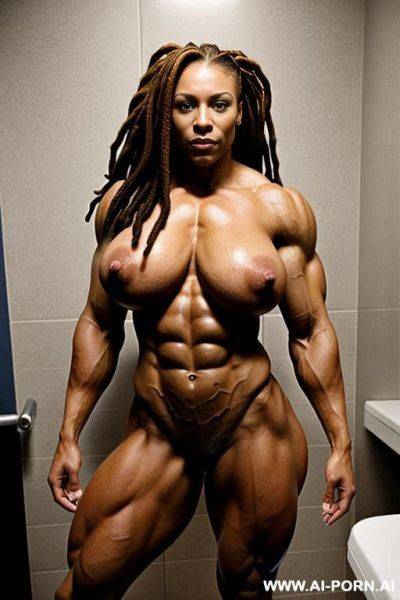 Very big ass, wide open asshole, muscular legs, giant tits, shaved pussy, greased oiled body, no clothes, totally naked - ai-porn.ai on pornsimulated.com