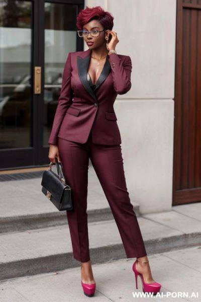 Hot sexy tall woman dark skin huge tits pixie hair (very high platform heels) glasses (suit) - ai-porn.ai on pornsimulated.com