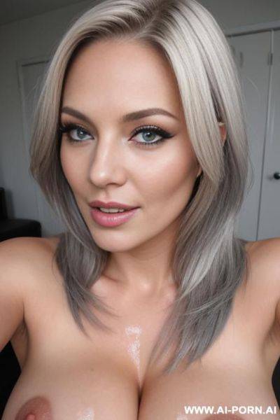 Cumshot on her face, medium boobs, blond with grey eyes, naked. cum on her face - ai-porn.ai on pornsimulated.com