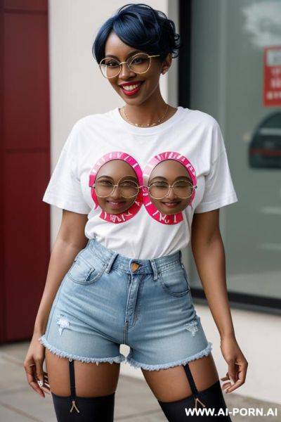 Hot sexy tall woman dark skin huge tits pixie hair glasses (denim shorts) (knee stockings) (oversized t-shirt) (sneakers) - ai-porn.ai on pornsimulated.com