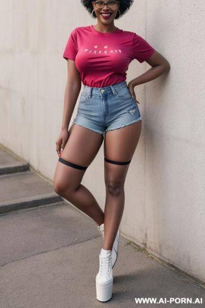 Hot sexy tall woman dark skin huge tits pixie hair (very high platform heels) glasses (denim shorts) (knee stockings) (oversized t-shirt) (sneakers) - ai-porn.ai on pornsimulated.com