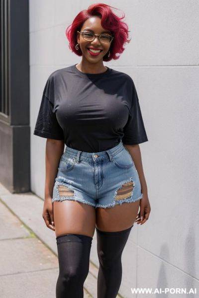 Hot sexy tall woman dark skin huge tits pixie hair glasses (denim shorts) (knee stockings) ( big oversized t-shirt over the shorts ) (sneakers) - ai-porn.ai on pornsimulated.com
