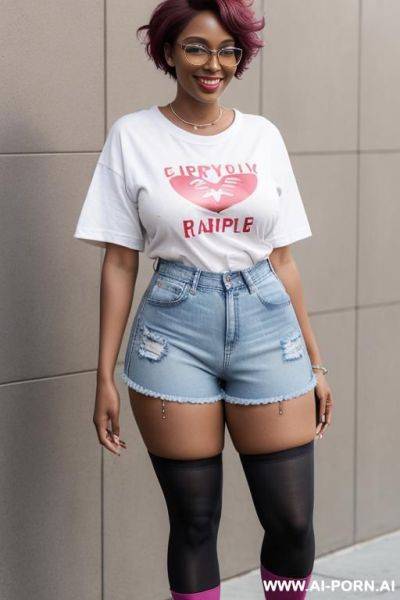 Hot sexy tall woman dark skin huge tits pixie hair glasses (denim shorts) (knee stockings) ( big oversized t-shirt over the shorts ) (sneakers) (full body wiew) - ai-porn.ai on pornsimulated.com