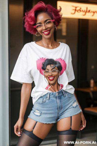 Hot sexy tall woman dark skin huge tits pixie hair glasses (denim shorts) (knee stockings) ( big oversized t-shirt) (sneakers) - ai-porn.ai on pornsimulated.com