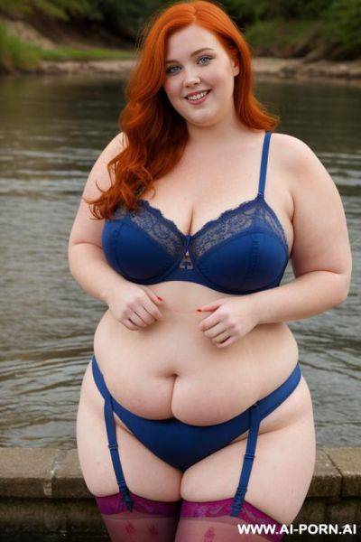Half-length photo, dinamyc angle, as a setting in the river, a fat chubby obese fat thick and bbw redhead british, she is washing clothes. she has lovehandless and a soft medium tummy. she is wearing a lace stocking lingeries. she has the most body mom - ai-porn.ai - Britain on pornsimulated.com