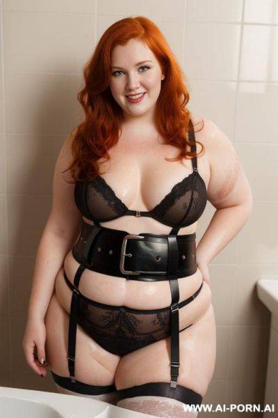 Half-length photo, the bathroom as a stage, a fat chubby very obese fat thick and bbw redhead british, she is washing clothes and is soaked in foamy water. ((she has a few lovehandless and - ai-porn.ai - Britain on pornsimulated.com