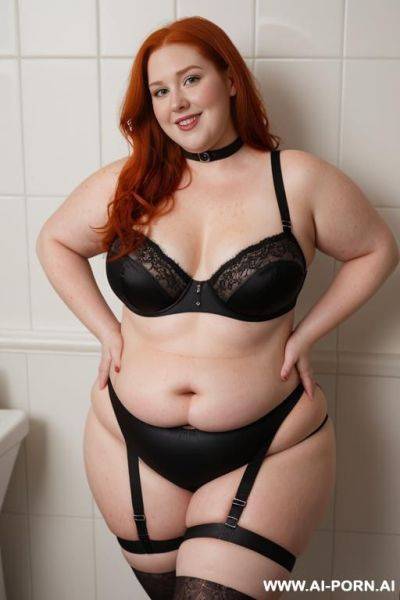 Half-length photo, the bathroom as a stage, a fat chubby very obese fat thick and bbw redhead british, she is washing clothes and is soaked in foamy water. she has lovehandless and a soft - ai-porn.ai - Britain on pornsimulated.com