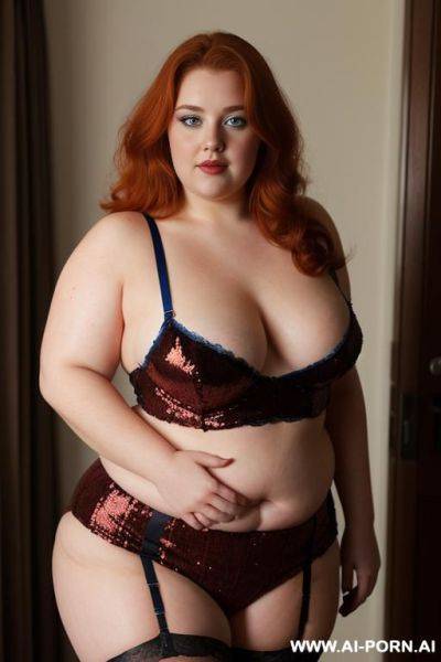 Half-length photo, ((half body photo shot close up)). as a set in the laundry area, a (((very obese))) fat chubby fat thick and bbw redhead british,. ((she has lovehandless)). she is wearing - ai-porn.ai - Britain on pornsimulated.com
